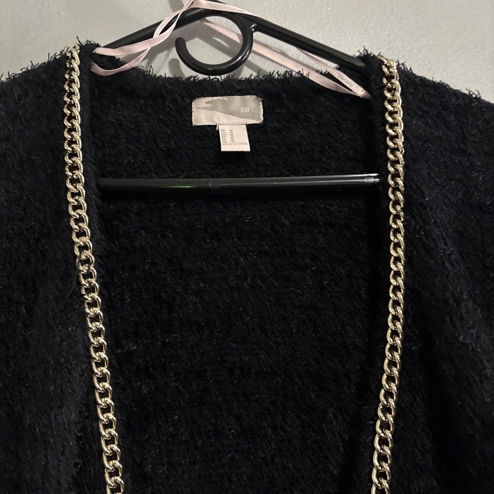 Forever 21 Woman's FuzzyCardigan Oversized Gold Chain Sweater Black Size Med - Picture 6 of 12